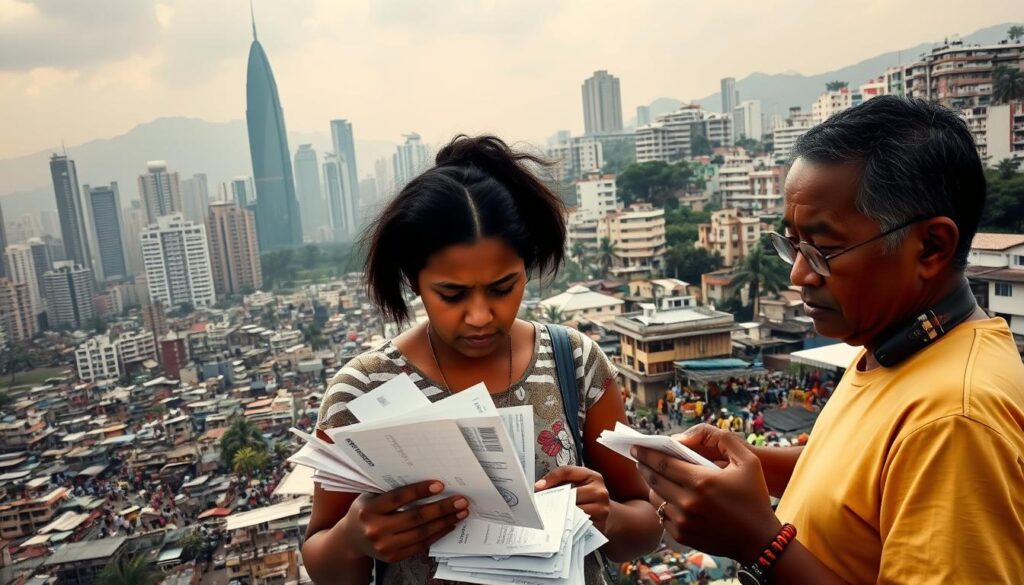 A bustling Brazilian cityscape with towering skyscrapers and cluttered favelas, casting long shadows under a hazy, overcast sky. In the foreground, a family struggles to make ends meet, their expressions weary as they pore over stacks of unpaid bills and receipts. The middle ground reveals a crowded marketplace, vendors hawking their wares amid the chaos of urban life. In the background, the opulent homes of the wealthy stand in stark contrast, a tangible symbol of the vast economic divide. The overall mood is one of financial strain and societal inequality, reflecting the challenges of saving money in modern-day Brazil.