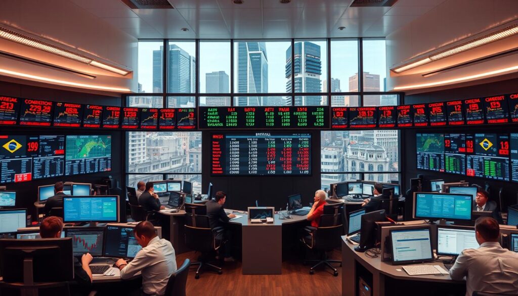 A bustling Brazilian foreign exchange market, with currency traders intently monitoring digital screens displaying real-time exchange rates. The focal point is a large ticker board in the center, surrounded by desks and computer terminals where brokers analyze market trends and execute trades. The lighting is bright and clinical, creating a sense of professionalism and intensity. The background features the iconic architecture of São Paulo, with towering skyscrapers and the vibrant urban landscape visible through the windows. The overall atmosphere conveys the dynamic, fast-paced nature of the Brazilian currency market and its importance in the country's economic landscape.