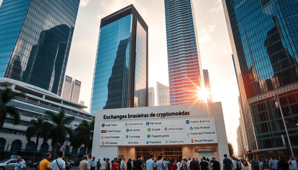 A bustling cityscape with towering skyscrapers, their sleek glass facades gleaming in the warm afternoon sunlight. In the foreground, a group of people stand before a modern, minimalist building, its signage displaying the names of various "Exchanges brasileiras de criptomoedas" - Brazil's leading cryptocurrency exchanges. The scene is infused with a sense of technological progress and financial innovation, capturing the dynamic energy of the country's burgeoning digital currency market. The composition is balanced, with the towering buildings in the background providing a sense of scale and the people in the foreground adding a human element to the image. The lighting is soft and natural, creating a welcoming and approachable atmosphere.
