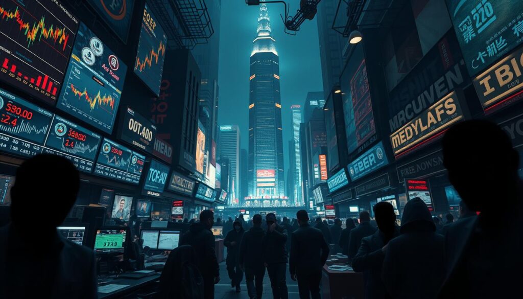 A bustling cryptocurrency marketplace, filled with the promise of digital riches but shrouded in the shadows of fraud. In the foreground, a kaleidoscope of charts, graphs, and QR codes dance across a myriad of electronic displays, luring in unsuspecting investors. The middle ground depicts a tangled web of shady figures, their faces obscured, wheeling and dealing amidst the chaos. In the background, a towering skyline of gleaming skyscrapers and neon-lit streets, a facade that belies the underlying corruption. Dramatic chiaroscuro lighting casts an ominous atmosphere, emphasizing the high-stakes nature of this cryptocurrency minefield. Captured through a wide-angle lens, the scene unfolds with a sense of foreboding, a cautionary tale of the perils that lurk within the current cryptocurrency landscape.