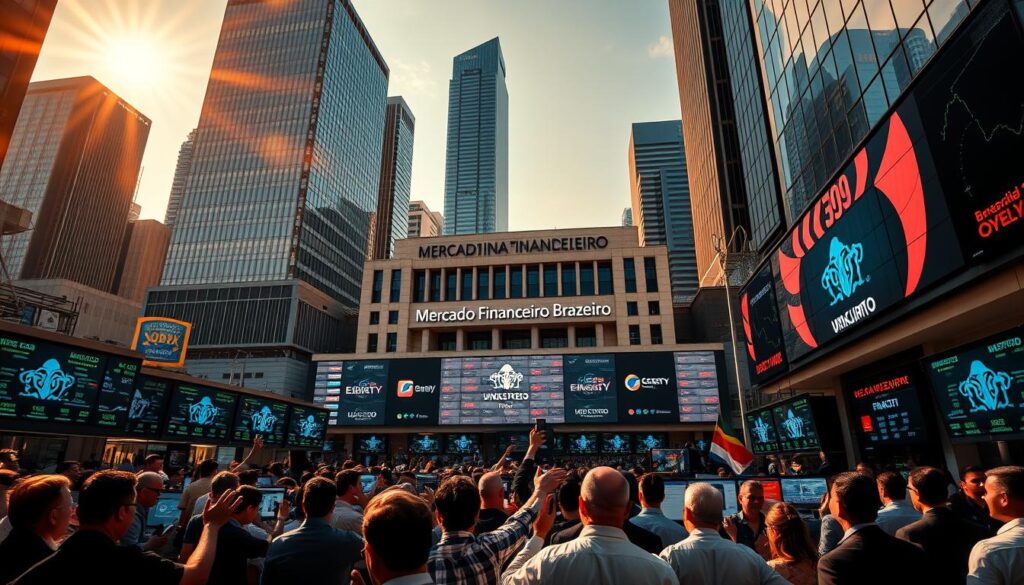 A bustling urban scene of the Brazilian financial market, capturing the energy and dynamism of the Mercado Financeiro Brasileiro. In the foreground, a crowd of traders and investors gesticulate animatedly around a series of digital screens displaying stock prices and market data. In the middle ground, a grand building with a distinctive architectural style houses the main trading floor, its façade adorned with the logos of major financial institutions. The background is dominated by a skyline of towering skyscrapers, their glass and steel surfaces reflecting the sunlight in a dazzling display. The scene is illuminated by warm, golden lighting, conveying a sense of prosperity and economic vitality. The overall composition evokes the pulse of the Brazilian financial market, poised for growth and success.