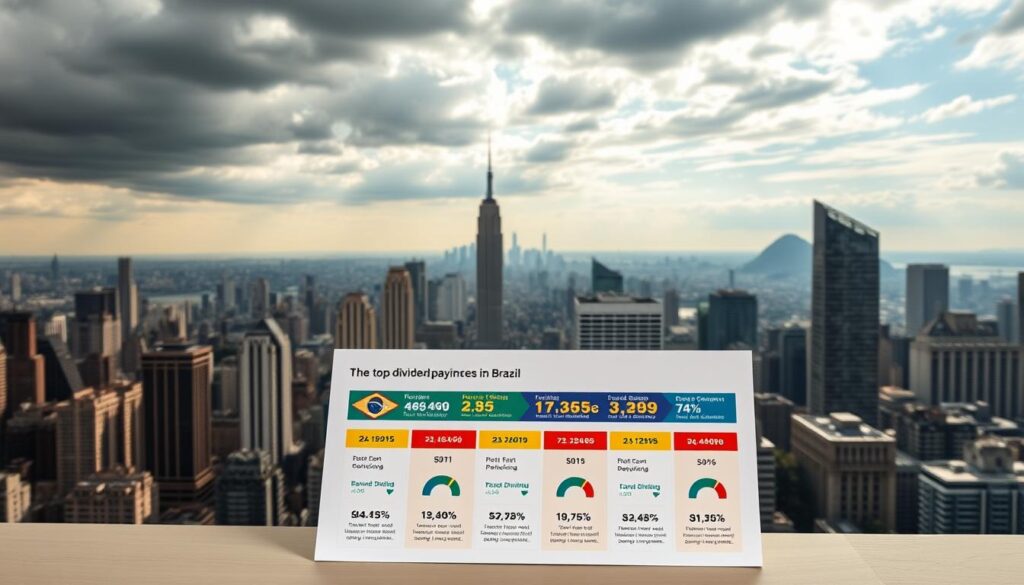 A captivating financial landscape showcasing the top dividend-paying stocks in Brazil. Set against a striking cityscape backdrop, with skyscrapers and landmarks in the distance, a meticulously designed infographic takes center stage. The infographic features clean typography, bold colors, and intuitive data visualizations that highlight the key performance metrics of the top 5 dividend-yielding companies. The overall composition conveys a sense of authority, professionalism, and attention to detail, creating a visually compelling representation of the article's subject matter.