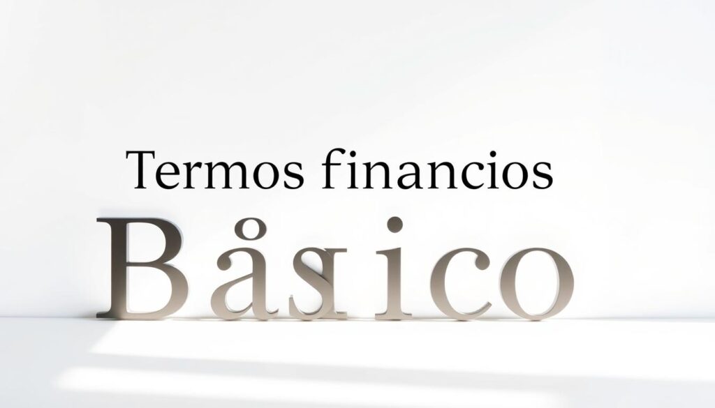 A clean, minimalist design depicting the basic financial terms "Termos Financeiros Básicos" against a crisp, white background. The terms are displayed in a clean, modern typeface with subtle, elegant flourishes, arranged in a visually appealing layout. Soft, natural lighting illuminates the composition, creating a sense of clarity and focus. The overall aesthetic is professional, informative, and aligned with the subject matter of the article "10 Termos do Mercado Financeiro Explicados Simples".