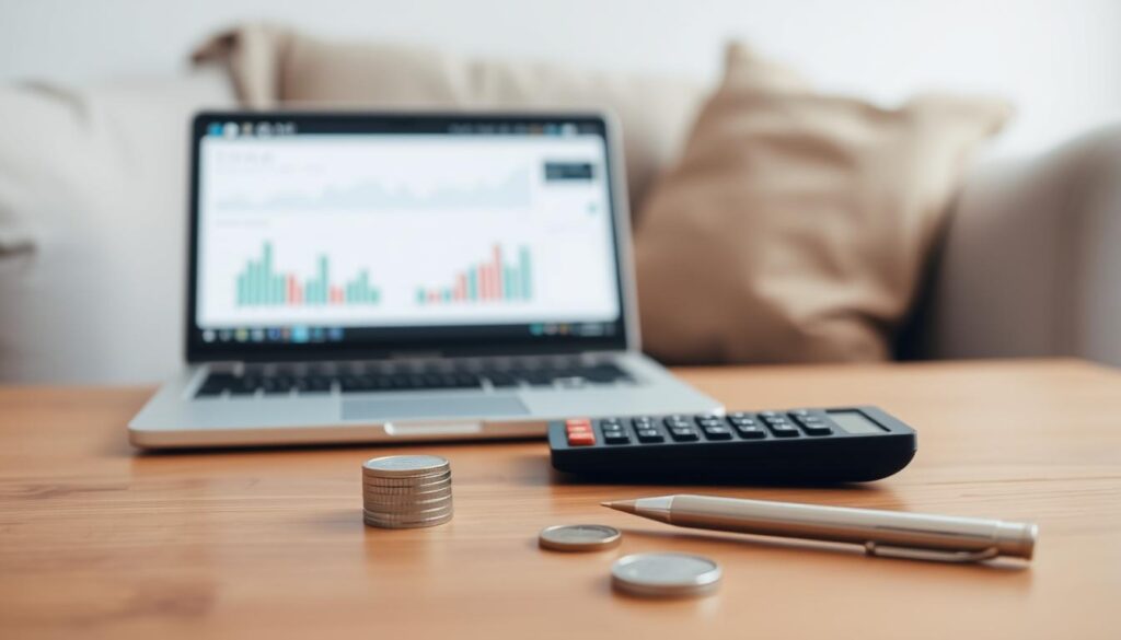 A clean, minimalist scene depicting the "First steps to investing with little money" concept. A simple wooden table in the foreground, with a calculator, a pen, and a small stack of coins or bills arranged neatly. A soft, warm light illuminates the table, creating a sense of focus and calm. In the middle ground, a laptop or tablet displays financial charts and graphs, hinting at the digital tools and data involved in smart investing. The background is blurred, suggesting a comfortable home office or study environment, with muted colors and subtle textures. The overall mood is one of approachability, accessibility, and the excitement of building wealth from modest beginnings.