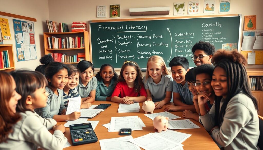 A cozy classroom scene with students engaged in financial literacy activities. The foreground features a group of diverse students clustered around a teacher's desk, filled with budgeting worksheets, calculators, and piggy banks. The middle ground shows a chalkboard displaying key financial concepts like budgeting, saving, and investing. The background depicts a well-stocked bookshelf and educational posters on the walls, creating a warm, academic atmosphere. Soft, natural lighting illuminates the scene, conveying a sense of thoughtful, productive learning. The overall mood is one of engaged, hands-on financial education within the school setting.
