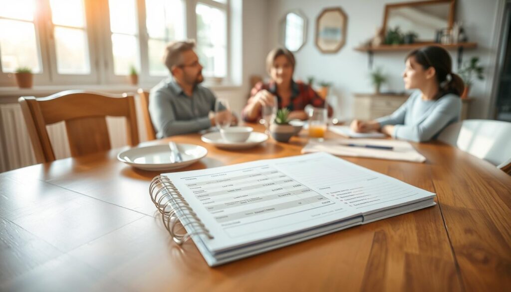 A cozy home interior, with a wooden dining table set for a family meal. Soft, natural lighting filters through large windows, casting a warm glow on the space. On the table, a household budget planner lays open, showcasing neatly organized financial records. Family members, dressed casually, are gathered around, engaged in discussion, highlighting the importance of responsible financial management. The overall scene conveys a sense of domestic tranquility and the value of collaborative budgeting for a secure family future.