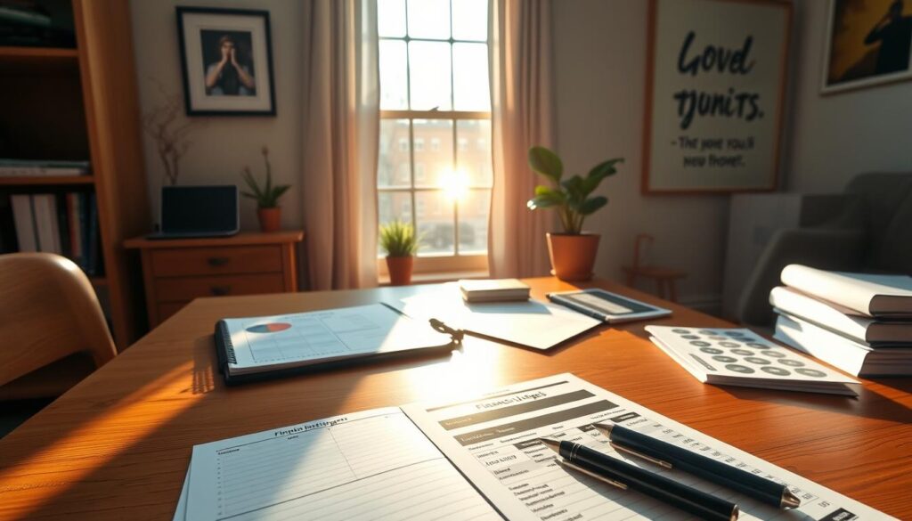 A cozy home office with a wooden desk, a planner, and a pen. The sun filters through the window, casting a warm glow on the organized workspace. Financial targets and budget sheets are neatly arranged, reflecting a sense of financial planning and goal-setting. A potted plant and a motivational quote on the wall add a touch of inspiration. The overall atmosphere is one of focus, productivity, and financial responsibility.