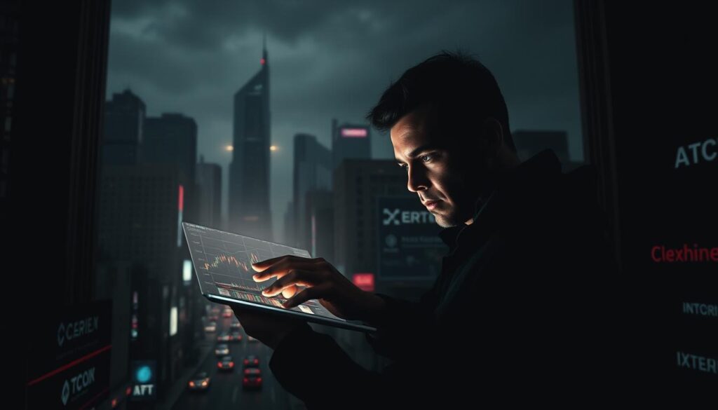 A dark, futuristic cityscape with towering skyscrapers and neon-tinged streets. In the foreground, a person cautiously interacts with a cryptocurrency trading platform on a sleek, holographic interface, their expression tense and wary. The background is a chiaroscuro blend of shadows and highlights, creating an atmosphere of unease and vigilance. The lighting is moody, with deep shadows and dramatic highlights, evoking a sense of the dangers and pitfalls that can lurk in the world of cryptocurrency. The overall composition conveys the theme of "Prevenção de Golpes em Criptomoedas" - the need to be vigilant and proactive in protecting oneself from the risks and scams that can plague the cryptocurrency landscape.