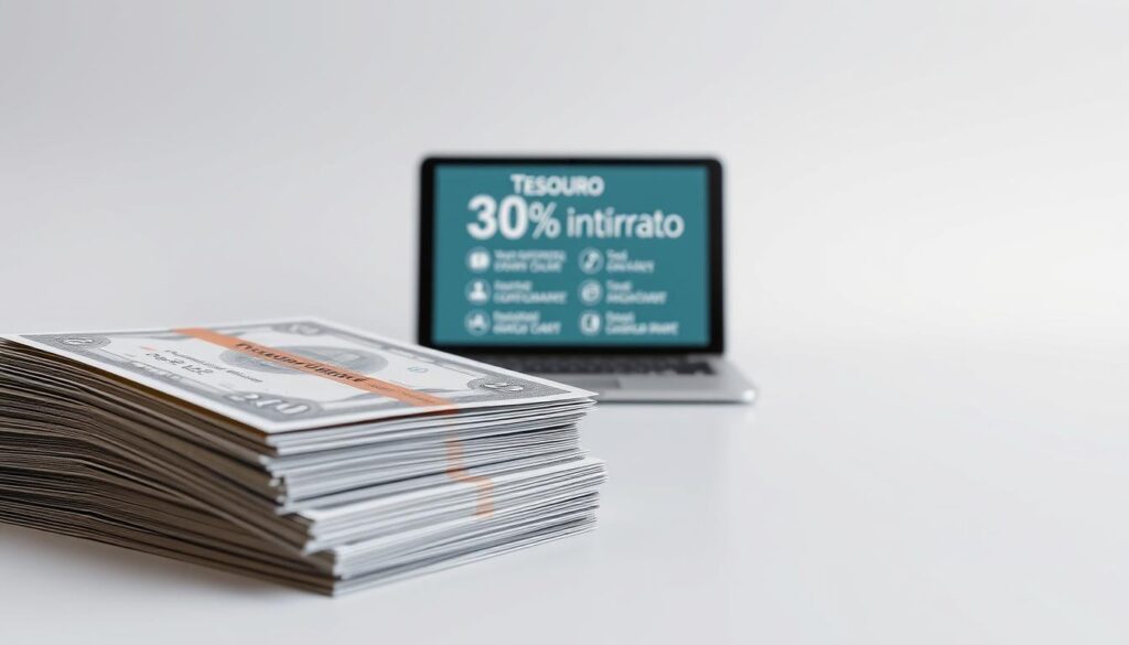 A detailed, high-resolution image of "Tesouro Direto" government bonds against a clean, light background. In the foreground, a stack of government bond certificates in various denominations, textured to showcase their intricate designs. In the middle ground, a 3D model of a computer or mobile device displaying information about Tesouro Direto's features and functionality. The background is a soft, gradient-based color palette, conveying a sense of professionalism and financial security. The lighting is gentle and diffused, creating a calming, informative atmosphere suitable for an educational article on personal finance.