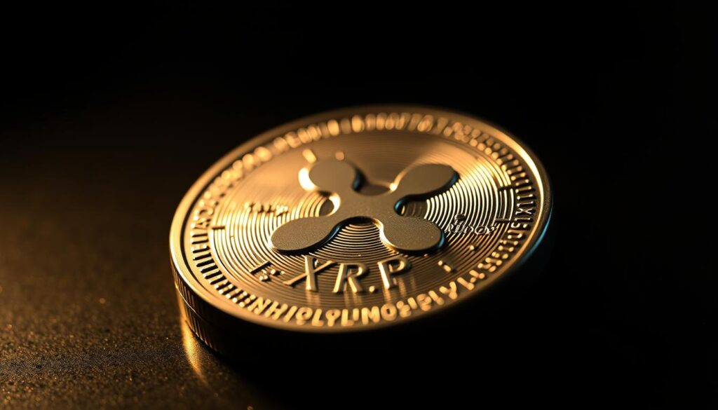 A detailed macro close-up of the XRP Ripple cryptocurrency token, illuminated by dramatic, high-contrast lighting and set against a dark, moody background. The coin's surface displays intricate textural details, with the Ripple logo prominently featured. The composition emphasizes the token's perceived increase in value, conveying a sense of financial growth and momentum. The overall mood is one of intensity and significance, reflecting the article's focus on the cryptocurrency's recent price surge.