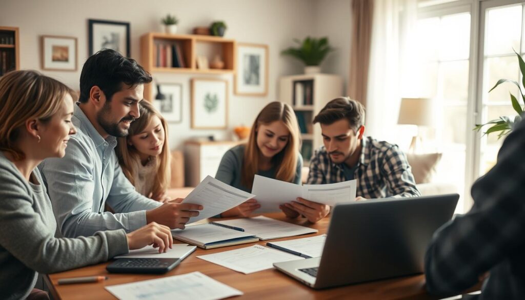 A detailed personal finance planning scene in a warm, inviting household setting. In the foreground, a family gathers around a table, carefully reviewing financial documents and discussing their budget. The middle ground features a neatly organized desk with a laptop, calculator, and other planning tools. The background showcases a cozy, well-lit living room with bookshelves, art, and a sense of domestic comfort. The lighting is soft and natural, creating a contemplative, focused atmosphere. The composition emphasizes the collaborative nature of family financial planning, with the subject matter conveying a sense of responsibility, organization, and financial literacy.