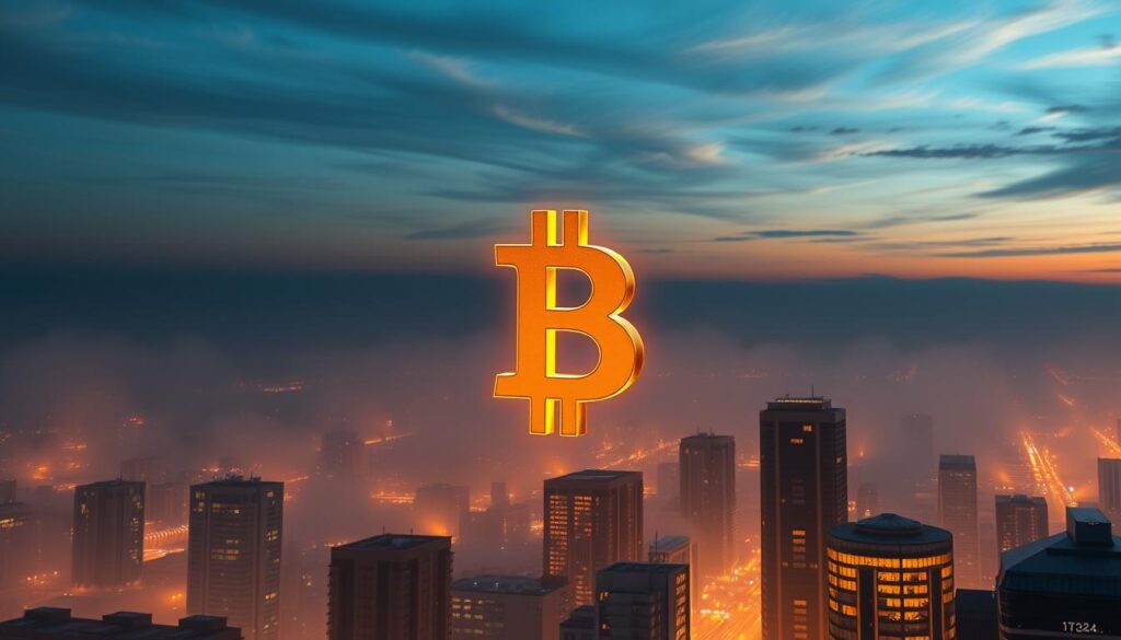 A detailed rendering of the Bitcoin symbol, rendered in a metallic finish, hovering above a hazy, futuristic cityscape. The Bitcoin icon is illuminated from within, casting a warm, golden glow across the urban landscape below. The buildings are sleek and modern, their windows reflecting the light of the digital currency symbol. The sky is a deep, saturated blue, with wispy clouds drifting overhead. The scene has a sense of technological advancement and financial prosperity, conveying the current positive outlook for Bitcoin's performance in 2024.