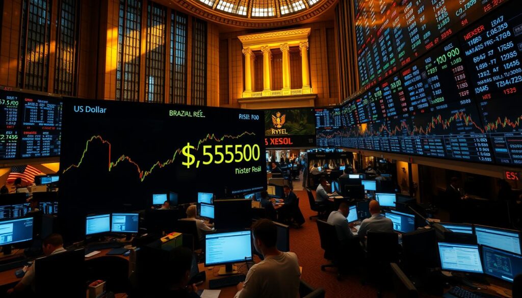 A detailed, wide-angle view of a Brazilian stock exchange trading floor, with brokers and analysts closely examining graphs, charts, and financial data on multiple screens. The atmosphere is tense yet focused, with a warm, golden lighting casting dramatic shadows across the bustling scene. In the foreground, a large, prominent display board shows the rising US dollar exchange rate against the Brazilian real, the focal point of the image. The background features the iconic architecture of the stock exchange building, hinting at the broader economic and geopolitical forces driving the currency fluctuations.