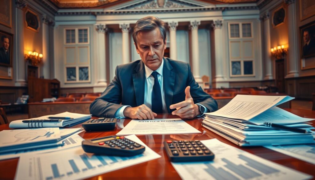 A detailed wide-angle view of a government economic package. In the foreground, various financial documents, graphs, and calculators are arranged on a polished wooden desk under warm, focused lighting. The middle ground features a serious-looking government official in a tailored suit, gesturing towards the desk with a contemplative expression. The background showcases an imposing government building with classical architecture, subtly hinting at the gravity and high-level decision-making behind the economic package. The overall scene conveys a sense of careful deliberation, high-stakes policymaking, and the weight of the government's economic decisions.