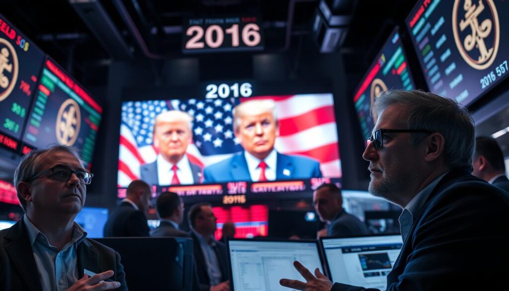 A dramatic, high-contrast scene of the 2016 U.S. presidential election results being displayed on a large digital screen in a busy cryptocurrency trading floor. The screen shows an enlarged portrait of Donald Trump with an American flag backdrop, while traders and analysts in the foreground react with a mix of surprise, concern and uncertainty. Bright, neon-lit digital displays and tickers create an atmosphere of technological innovation and financial volatility. Harsh, directional lighting casts dramatic shadows, highlighting the serious, pensive expressions of the traders as they process the news and its potential impact on the cryptocurrency markets.