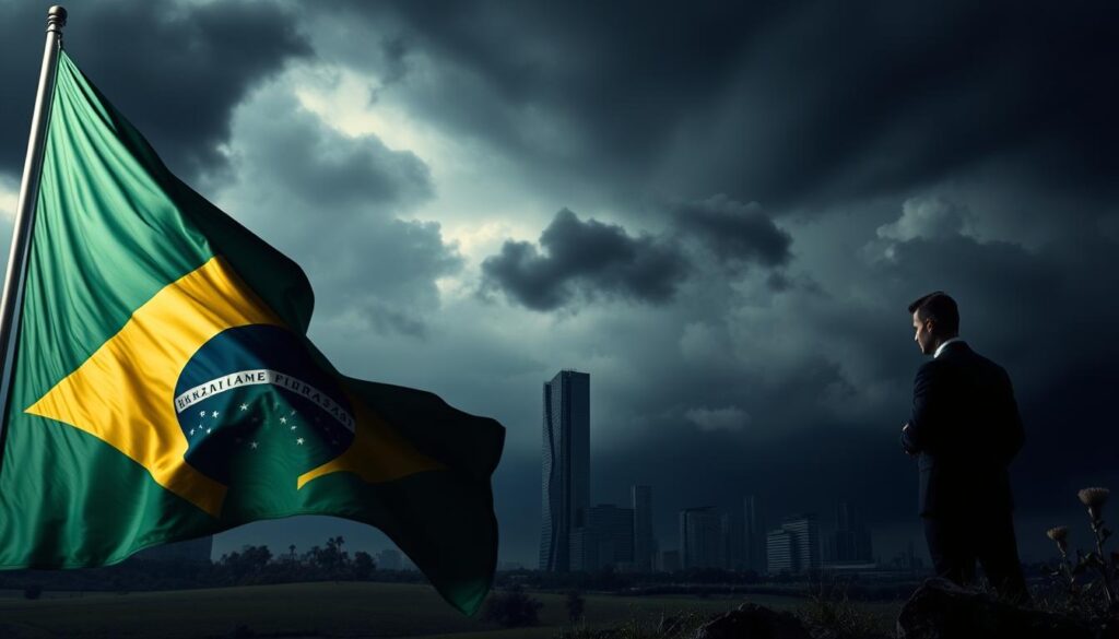 A dramatic landscape depicting the economic and financial impacts of US monetary policy on Brazil. In the foreground, a Brazilian flag billows in a strong wind, symbolizing the volatility and uncertainty faced by the country. In the middle ground, a towering skyscraper with a cracked facade represents the instability of the Brazilian economy, while a shadowy figure, likely a policymaker or economist, stands contemplating the scene. In the background, dark storm clouds loom, casting an ominous atmosphere and hinting at the potential for further turmoil. The lighting is dramatic, with sharp contrasts and deep shadows, conveying the gravity of the situation. The overall mood is one of apprehension and unease, reflecting the challenges Brazil faces in the wake of US monetary policy decisions.