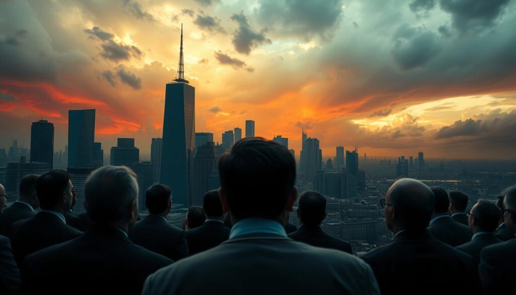 A dramatic, wide-angle view of a chaotic financial landscape. In the foreground, a group of figures in suits and ties, their faces obscured, appear to be in heated discussion. Towering in the middle ground, dramatic skyscrapers and cityscapes in muted tones, reflecting the economic turmoil. In the background, a stormy, ominous sky, clouds tinged with shades of red and gold, casting an eerie glow over the scene. The lighting is dramatic, creating sharp contrasts and deep shadows, heightening the sense of tension and uncertainty. The overall mood is one of unease and foreboding, capturing the origins of the European financial crisis.