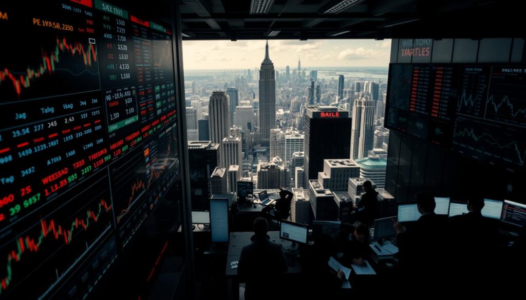A high-contrast image of the global financial market, capturing the dynamic energy of stock tickers, trading graphs, and data visualizations. In the foreground, a sharp focus on the intricacies of a digital trading platform, with screens displaying real-time stock prices and market indicators. The middle ground features a bustling trading floor, with brokers and analysts intently studying the market data. In the background, a panoramic view of a modern city skyline, symbolic of the interconnectedness of the global economy. Dim, moody lighting casts dramatic shadows, conveying a sense of gravity and importance surrounding the financial decisions being made. The overall atmosphere is one of intensity, precision, and the weight of high-stakes trading.