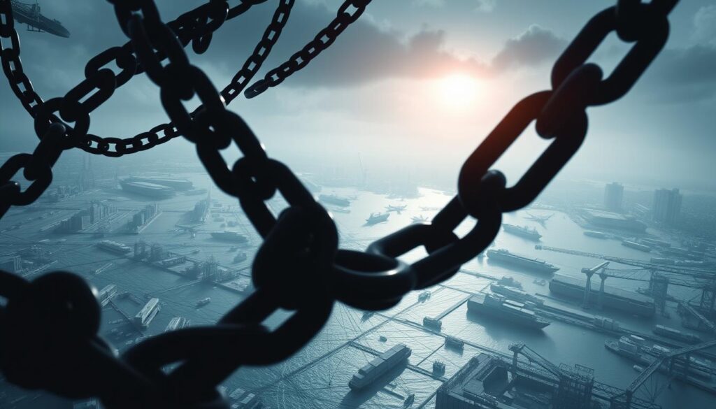 A high-contrast, wide-angle view of the interconnected global trade landscape. In the foreground, a tangle of sturdy chains representing international commercial tariffs and barriers, casting dramatic shadows. The middle ground features a network of planes, ships, and trucks - the arteries of global commerce - navigating a turbulent sea of data visualizations, exchange rates, and stock tickers. In the distant background, a hazy silhouette of skyscrapers and factories, symbols of the economic power centers impacted by these shifting trade policies. The scene is bathed in a cool, ominous lighting, conveying the gravity and uncertainty surrounding the issue of international trade tariffs and their broad market implications.