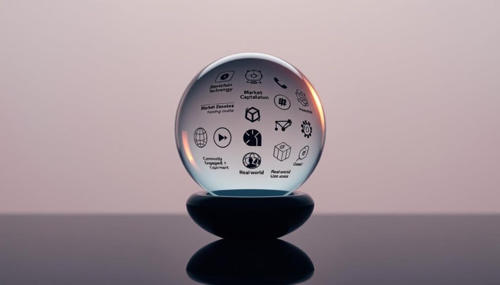 A high-resolution, detailed image of "Criteria for Evaluating Promising Cryptocurrencies". The image shows a transparent glass sphere resting on a dark, reflective surface, symbolizing the evaluation process. Within the sphere, various icons and symbols represent key factors to consider, such as blockchain technology, market capitalization, community engagement, and real-world use cases. The background is a soft, muted gradient, creating a calming, contemplative atmosphere. The lighting is subtle, with a warm glow illuminating the sphere, emphasizing the importance of thorough analysis. The overall composition is balanced and visually striking, inviting the viewer to explore the intricacies of evaluating promising cryptocurrencies.