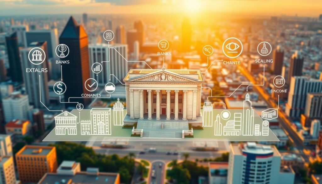 A modern, high-resolution image of the Brazilian financial system, with a clear and organized structure. In the foreground, detailed icons and symbols representing the major financial institutions and sectors, including banks, stock exchanges, insurance companies, and investment firms. In the middle ground, an architectural rendering of the central bank building, with its iconic design and advanced security features. In the background, a cityscape with towering skyscrapers, bustling streets, and a vibrant financial district, bathed in warm, golden lighting that evokes a sense of stability and prosperity. The overall composition should convey the complexity, interconnectedness, and dynamism of the Brazilian financial ecosystem.