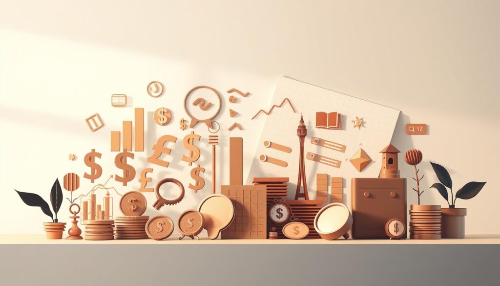 A modern, minimalist illustration depicting the concept of "Financial Language and Investments". In the foreground, an array of financial symbols and icons - currency signs, bar charts, stock tickers, and investment portfolios. Placed against a clean, subdued background with subtle hints of graph paper or financial documents. The overall composition evokes a sense of organization, structure, and the intersection of language and finance. Soft, indirect lighting casts gentle shadows, creating depth and dimension. The style leans towards a digital, vector-based aesthetic with a warm, professional color palette.