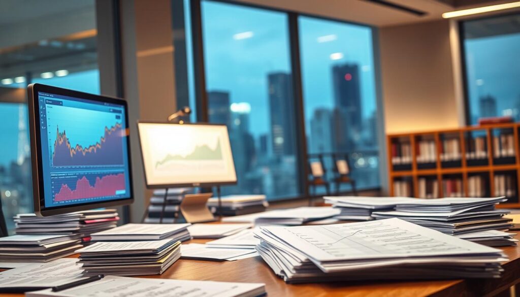 A modern office interior with a focus on financial documents and charts. In the foreground, a desk with a computer monitor displaying financial data, surrounded by stacks of papers and folders. In the middle ground, a bookshelf with financial books and reports. The background features large windows with a cityscape view, suggesting a high-rise office setting. The lighting is soft and warm, creating a professional and contemplative atmosphere. The composition emphasizes the concept of "small caps" in the financial market, with a sense of order, detail, and focus on the essential elements of financial analysis and decision-making.