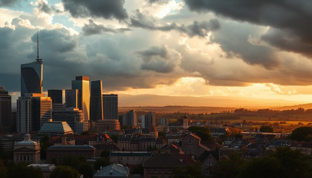 A panoramic, cinematic view of the current economic landscape of the European Union. In the foreground, a bustling city skyline with towering modern skyscrapers and historic architecture, bathed in golden hour light. In the middle ground, rolling hills and lush green landscapes dotted with quaint villages. In the distant background, ominous storm clouds loom, hinting at the economic challenges facing the region. The scene is captured with a wide-angle lens, emphasizing the sense of scale and complexity. The overall mood is one of cautious optimism, with the contrasting elements of prosperity and uncertainty creating a thought-provoking and evocative image.