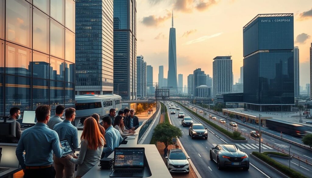 A panoramic view of a thriving technology hub, showcasing modern skyscrapers and bustling city streets. In the foreground, a group of diverse professionals collaborate at a sleek, glass-walled office, their faces illuminated by the glow of computer screens. In the middle ground, futuristic autonomous vehicles navigate the roads, while in the background, a towering data center stands as a symbol of the industry's power and innovation. The scene is bathed in a warm, golden light, conveying a sense of energy, progress, and boundless potential. The composition captures the dynamic growth and global impact of the technology sector, both in Brazil and worldwide.