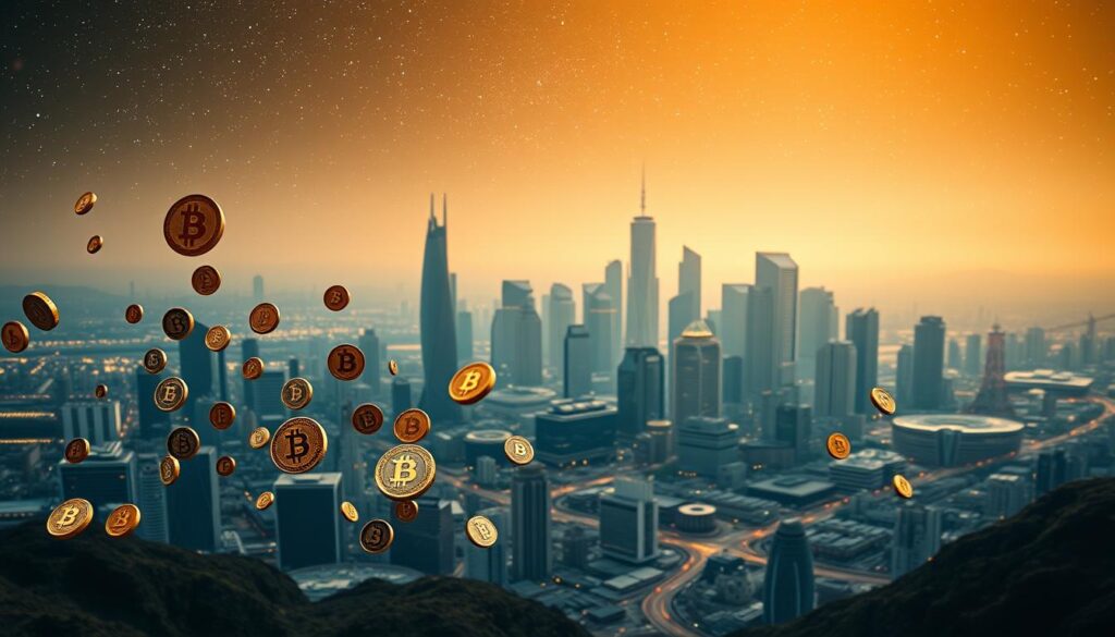 A panoramic view of the evolving cryptocurrency market landscape. In the foreground, a group of diverse digital currency icons float and move dynamically, reflecting the volatility and activity of the sector. The middle ground showcases a futuristic cityscape of sleek skyscrapers and technology hubs, symbolizing the infrastructure and innovation driving the crypto economy. In the background, a celestial backdrop of stars and galaxies hints at the global, interconnected nature of the digital asset ecosystem. The scene is illuminated by a warm, ambient lighting that creates a sense of depth and atmosphere, capturing the energy and potential of the current cryptocurrency landscape.
