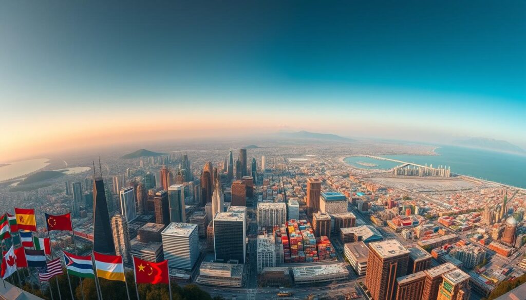 A panoramic vista of the global economic landscape, captured with an ultra-wide-angle lens. The foreground features a diverse array of national flags, representing the interconnected nations that shape the world's economy. In the middle ground, a tapestry of skyscrapers, factories, and bustling city streets, conveying the pulse of global commerce. The background is dominated by a sweeping horizon, with towering mountain ranges, vast oceans, and the curve of the Earth, symbolizing the vast scale and complexity of the global economic system. The lighting is warm and golden, evoking a sense of optimism and potential, while subtle haze and atmospheric depth create a sense of depth and grandeur. The overall composition conveys the dynamic, interconnected, and ever-evolving nature of the global economy.