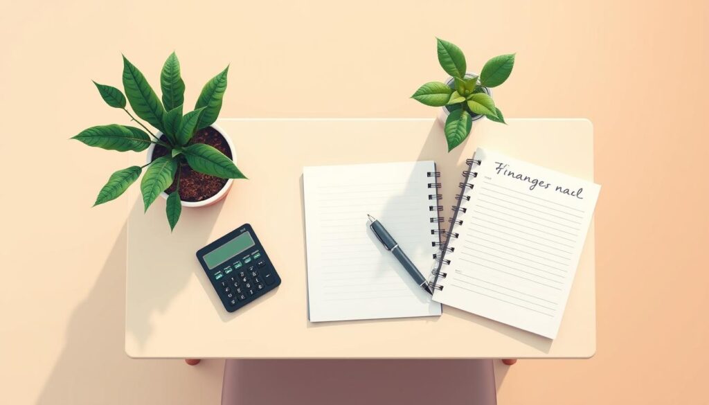 A peaceful, minimalist illustration of "Estratégias de economia para finanças pessoais". A softly lit, overhead view of a serene home office space, with a simple desk, a potted plant, and a few carefully arranged personal finance tools - a calculator, a pen, and a notebook with a handwritten budget plan. The background is a warm, neutral color palette, creating a sense of tranquility and focus. The composition emphasizes the importance of mindful financial planning in one's personal life, without distractions or clutter.