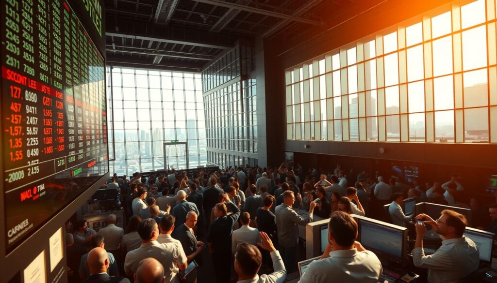 A scene of a Brazilian stock market trading floor, filled with energy and activity. In the foreground, a group of traders gather around a display screen, their attention focused on the small capital letters indicating company names and stock prices. The middle ground reveals a bustling pit of traders, hands raised, making rapid-fire transactions. In the background, a towering glass wall offers a panoramic view of the city skyline, hinting at the broader financial landscape. The lighting is a warm, natural glow, capturing the intensity and dynamism of the Brazilian market. The angle is a low, immersive perspective, inviting the viewer to feel the pulse of the trading floor.