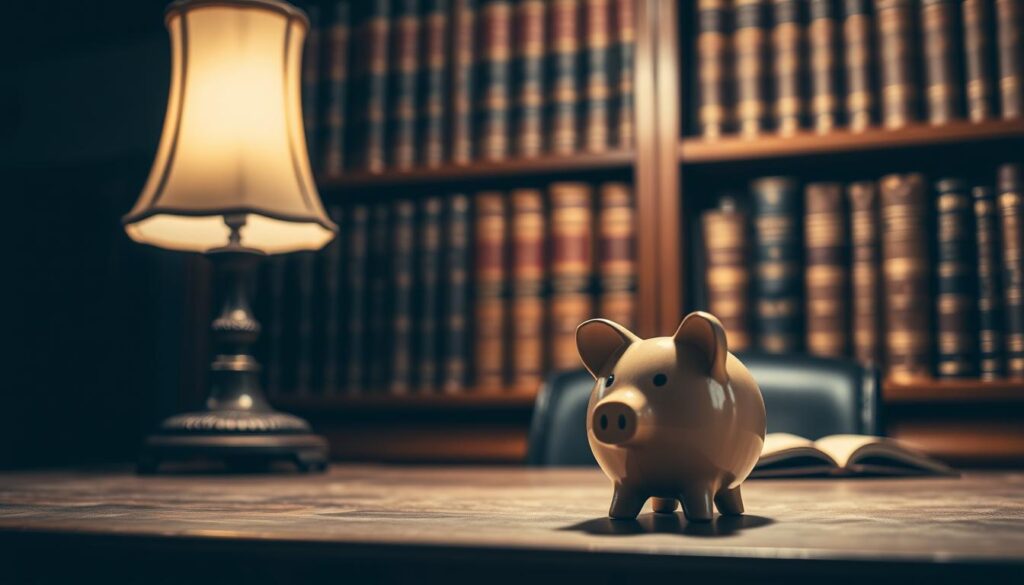 A serene, dimly lit study with a wooden desk, an old-fashioned lamp casting a warm glow, and a piggy bank sitting prominently in the foreground. The background features a bookshelf filled with leather-bound volumes, hinting at the academic and financial nature of the scene. The lighting is soft and moody, creating a contemplative atmosphere, as if the viewer is considering the merits of investing in a savings account. The composition is balanced, with the piggy bank positioned to draw the eye, symbolizing the subject of savings and investment.
