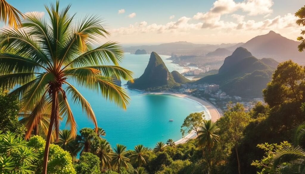 A serene landscape showcasing the main sources of passive income in Brazil. In the foreground, a lush forest with towering palm trees and vibrant foliage. In the middle ground, a picturesque coastline with sparkling azure waters and sandy beaches. In the background, the iconic Sugarloaf Mountain and the bustling cityscape of Rio de Janeiro. The scene is bathed in warm, golden sunlight, creating a tranquil and inviting atmosphere. The image captures the diverse passive income opportunities available in Brazil, from real estate and dividends to affiliate marketing and e-commerce.