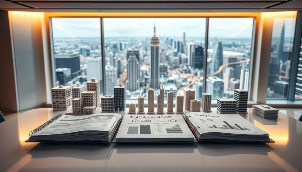 A sleek and modern office interior showcasing various types of real estate investment funds. In the foreground, financial reports, charts, and investment portfolios are displayed on a clean, minimalist desk. The middle ground features 3D models of different commercial and residential properties, representing the diverse investment options within real estate funds. The background depicts a panoramic view of a bustling cityscape, symbolizing the diverse assets and locations that these funds can encompass. Warm, directional lighting illuminates the scene, creating a professional and aspirational atmosphere. The overall composition conveys the sophisticated and comprehensive nature of real estate investment funds.