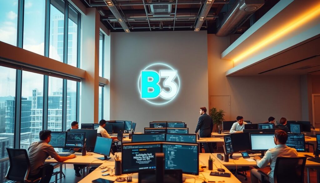 A sleek, modern technology office in São Paulo, Brazil, with the skyline of the city visible through floor-to-ceiling windows. In the foreground, several high-tech workstations with employees collaborating on cutting-edge projects. In the middle ground, a large company logo is prominently displayed on the wall, representing one of the top technology companies listed on the B3 stock exchange. The lighting is warm and inviting, creating a productive and innovative atmosphere. The camera angle is slightly elevated, capturing the dynamic energy of the workspace. The image conveys the prominence and influence of Brazil's leading technology enterprises.