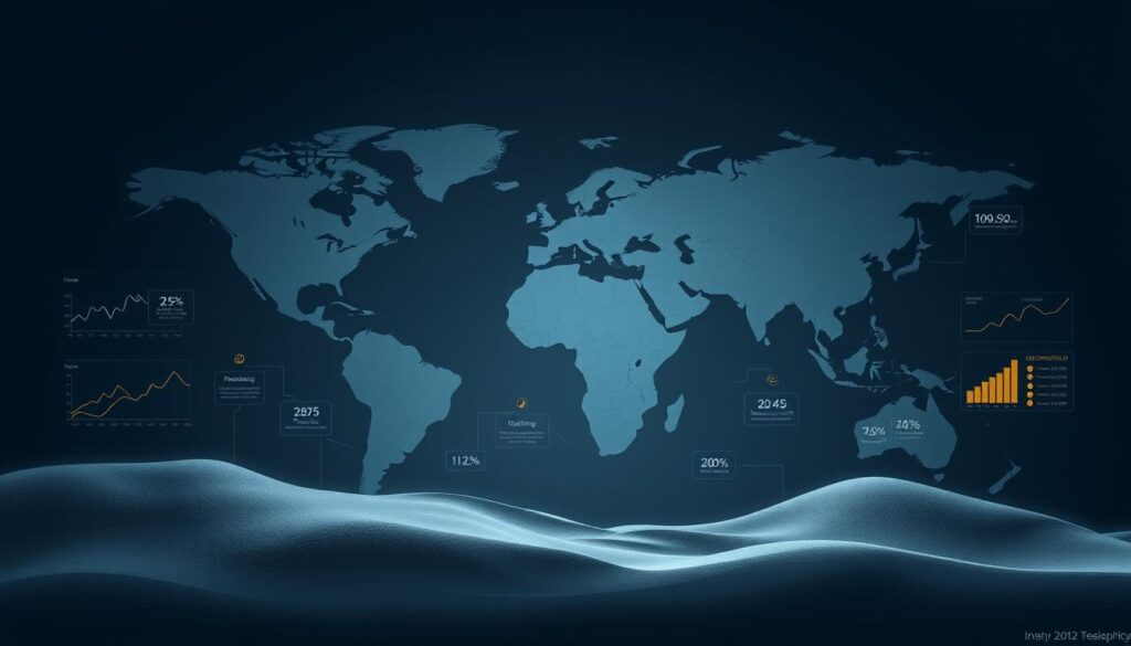 A sweeping world map, rendered in a sleek, minimalist style, takes center stage. Data visualizations in the form of line graphs, bar charts, and infographics populate the landscape, depicting global economic projections and forecasts for the year 2025. The visualization elements are designed with a clean, modern aesthetic, using a subdued color palette of blues, grays, and accents of gold to convey a sense of authority and professionalism. The composition is balanced, with the map occupying the middle ground and the data visualizations arranged around it, creating a cohesive and visually compelling scene. Subtle lighting and a slightly elevated camera angle lend an air of importance and authority to the image, making it well-suited to illustrate the section on global economic expectations for the year 2025.