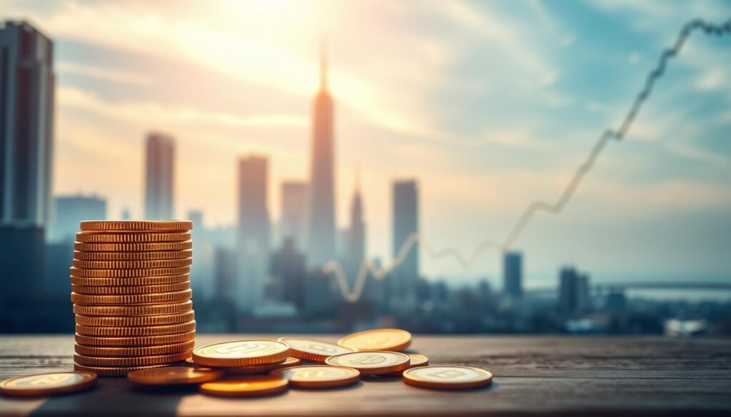 A tranquil and financial-themed scene with a soft, warm lighting. In the foreground, a stack of gold coins, representing dividends, casts a gentle glow. In the middle ground, a serene cityscape with skyscrapers and a stock chart rising steadily. In the background, a blue sky with wispy clouds, symbolizing the growth and potential of investments. The overall composition conveys the importance of dividends and the power of prudent investing to build long-term wealth.