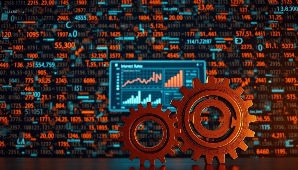 A vast financial backdrop featuring a complex network of numerical data, equations, and financial symbols, illuminated by warm, directional lighting to convey a sense of depth and dimension. In the foreground, a trio of interlocking gears or cogs, meticulously rendered, symbolizing the intricate workings of financial operations and the impact of interest rates. The middle ground showcases a sleek, modern interface displaying charts, graphs, and interactive elements, hinting at the analytical tools and decision-making processes involved in understanding interest rates. An overall tone of sophistication, precision, and the importance of financial literacy pervades the scene.