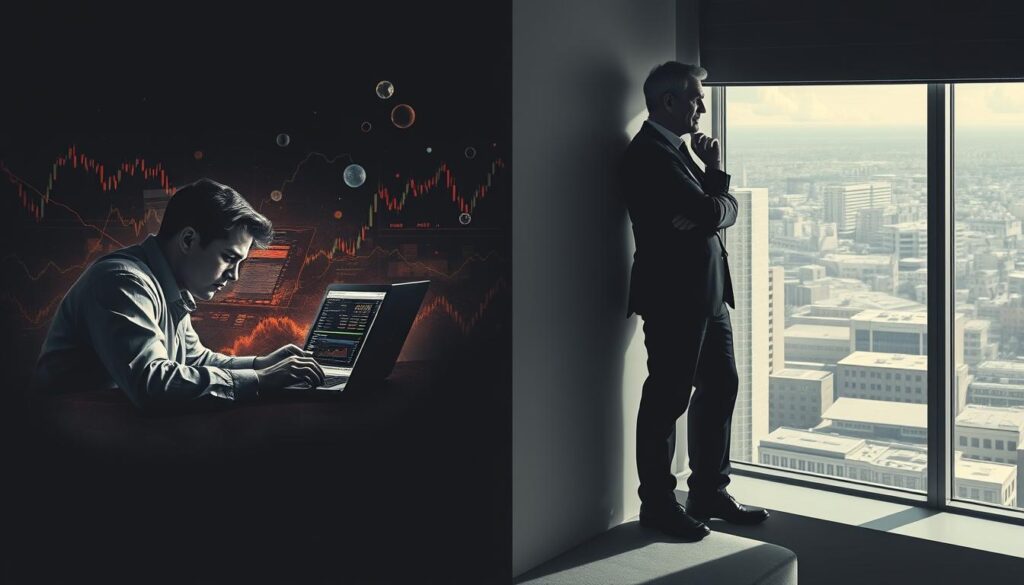 A vast financial landscape divided, with a dynamic day trader huddled over a laptop on the left, charts and graphs flashing, navigating the turbulent markets with laser-like precision. On the right, a serene figure, a long-term investor, gazing thoughtfully out a window, contemplating the ebb and flow of the economy, their portfolio a tapestry of diverse, carefully curated investments. A contrast in styles, one fast-paced and reactive, the other methodical and patient, both seeking financial prosperity through divergent paths. Dramatic lighting casts sharp shadows, heightening the sense of duality, while a neutral color palette allows the subjects to take center stage. The scene captures the essence of the "Day Trade vs Longo Prazo" debate, inviting the viewer to ponder which approach might be the most rewarding.