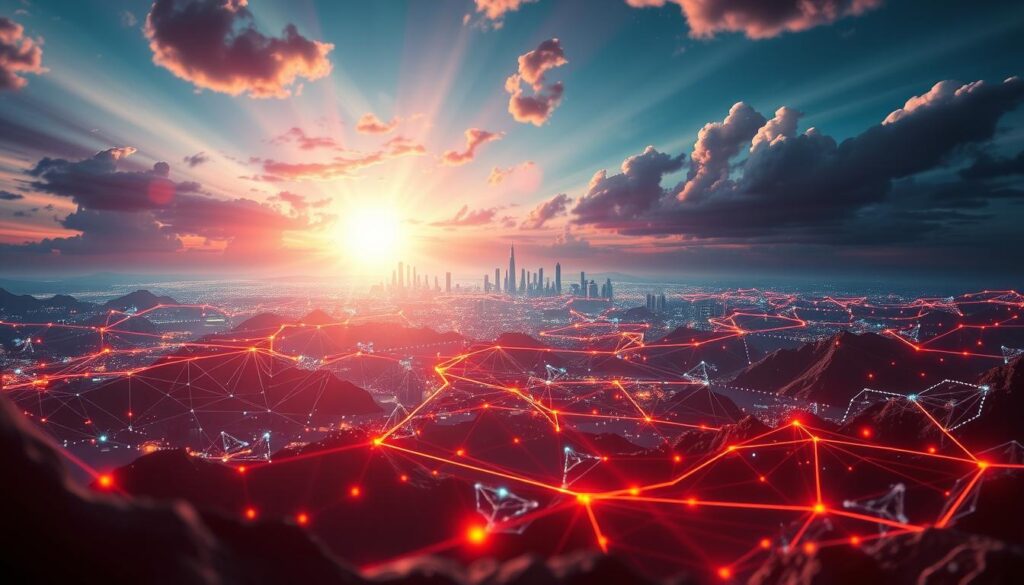 A vibrant, cinematic scene depicting the evolutionary journey of the Ethereum and Solana blockchains. In the foreground, dynamic visualizations of the blockchain networks, their protocols, and core features unfold against a captivating backdrop. The middle ground showcases key milestones, innovations, and advancements that have shaped the growth and adoption of these cutting-edge distributed ledger technologies. In the distance, a futuristic skyline emerges, hinting at the potential and possibilities that lie ahead for these blockchain ecosystems. Dramatic lighting, intricate details, and a sense of forward momentum create a visually arresting image that encapsulates the dynamic evolution of Ethereum and Solana.