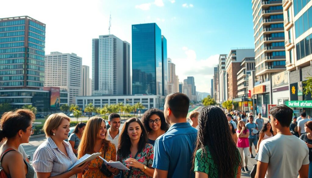 A vibrant cityscape in Brazil, showcasing the importance of financial education. In the foreground, a group of diverse individuals engaged in discussions and activities related to budgeting, investment, and personal finance. The middle ground features modern high-rise buildings, reflecting the sophistication of the financial industry. In the background, a bustling street scene with people going about their daily lives, highlighting the integration of financial education into the broader social and economic context. The lighting is warm and inviting, creating a sense of optimism and opportunity. The camera angle is slightly elevated, providing a holistic view of the scene and emphasizing the interconnectedness of financial literacy and the urban landscape.