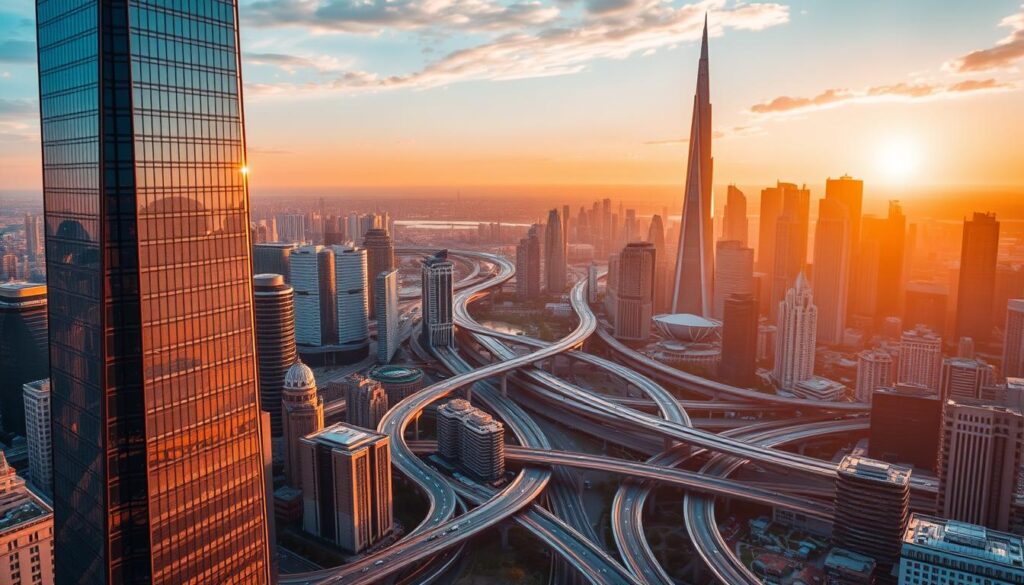 A vibrant, futuristic cityscape bathed in warm, golden light. In the foreground, a sleek, modern skyscraper commands attention, its glass facade reflecting the setting sun. In the middle ground, a bustling financial district with a mix of contemporary and classic architecture. Winding roads and intricate bridges connect the various buildings, suggesting a thriving, interconnected economy. In the background, a towering, futuristic spire reaches towards the sky, symbolizing the ambition and innovation of 2025. The overall scene conveys a sense of optimism, growth, and the endless possibilities of investing in the future.