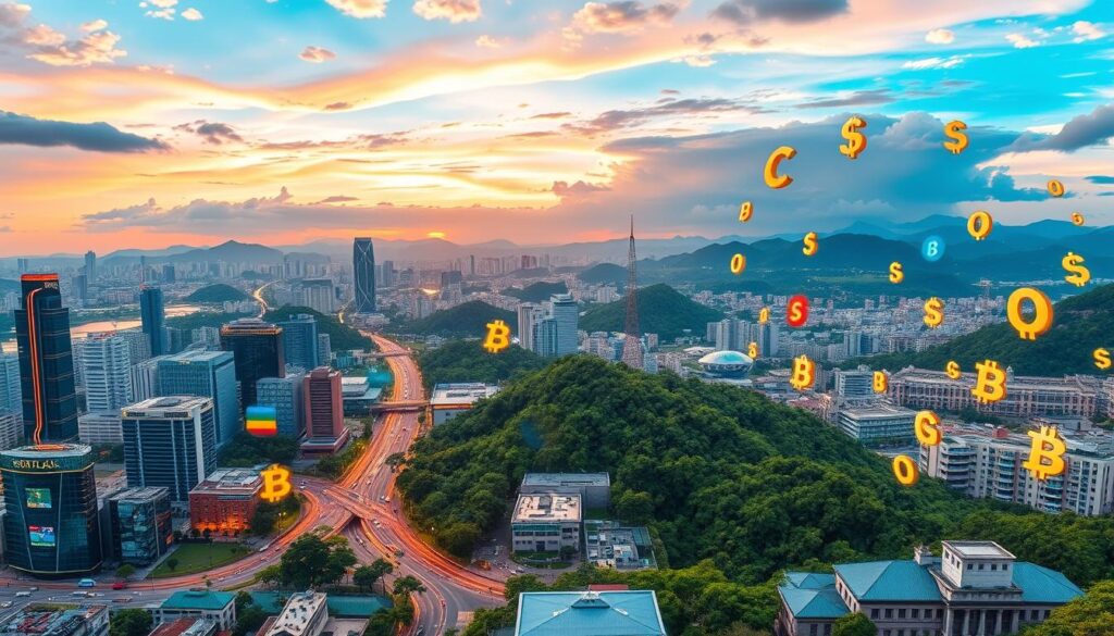 A vibrant, panoramic landscape depicting the dynamic blockchain and cryptocurrency market in Brazil. In the foreground, a futuristic cityscape with gleaming skyscrapers and bustling streets, representing the digital infrastructure powering the nation's crypto ecosystem. The middle ground features a diverse array of digital currency symbols, each emanating a soft, holographic glow, symbolizing the breadth of the Brazilian crypto market. In the background, a backdrop of lush, verdant hills and a vibrant, colorful sky, conveying the sense of growth, innovation, and optimism surrounding the country's embrace of this emerging financial technology. The scene is bathed in warm, golden light, creating an air of prosperity and progress. Captured with a wide-angle lens to encapsulate the grand scale of Brazil's burgeoning blockchain revolution.