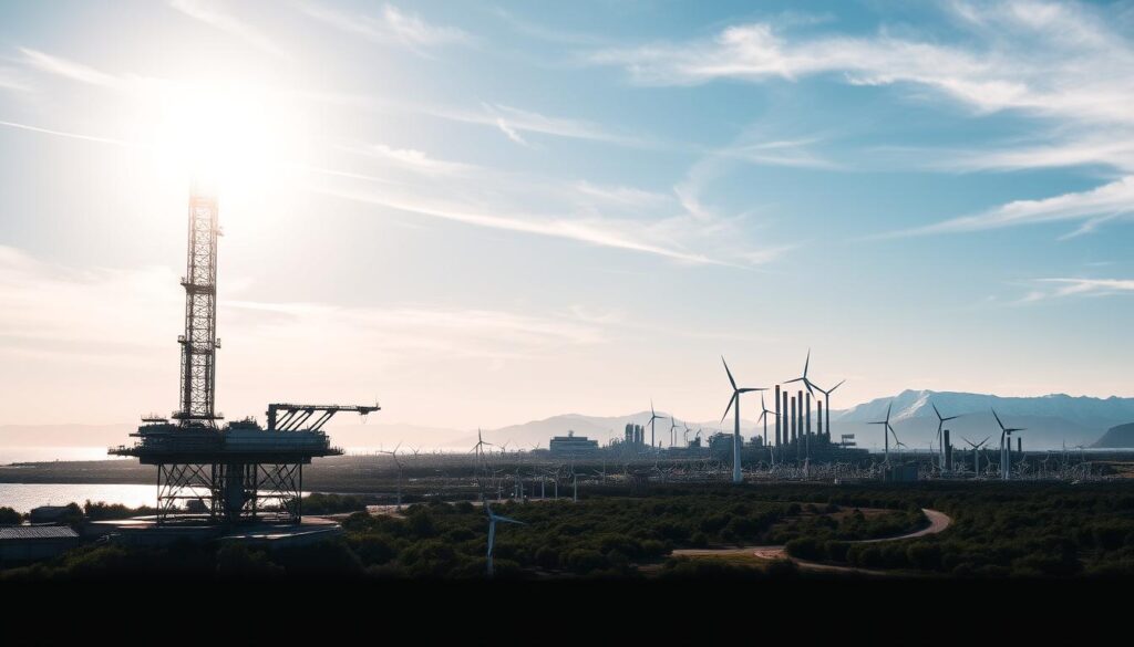 A vibrant, panoramic scene depicting Petrobras' strategic energy expansion. In the foreground, a gleaming offshore oil platform stands tall, its metallic frame casting long shadows as sunlight filters through wispy clouds. In the middle ground, rows of wind turbines dot the landscape, their blades spinning gracefully in the gentle breeze. Behind them, a modern refinery complex rises, its chimneys billowing smoke against a backdrop of snow-capped mountains. The overall mood is one of progress and innovation, highlighting Petrobras' commitment to diversifying its energy portfolio and transitioning towards a more sustainable future.