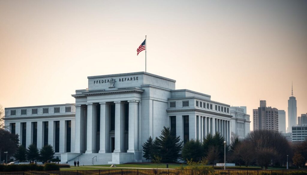 A well-lit, high-resolution image of the current state of American monetary policy, captured with a professional DSLR camera. In the foreground, the Federal Reserve building stands prominently, its imposing architecture and American flags conveying a sense of authority and power. The middle ground features a depiction of the U.S. dollar bill, its design elements symbolic of the nation's economic might. In the background, a hazy cityscape of skyscrapers and financial institutions represents the broader economic landscape, suggesting the far-reaching impact of the Fed's decisions. The image exudes a serious, contemplative tone, reflecting the gravity and importance of the subject matter.