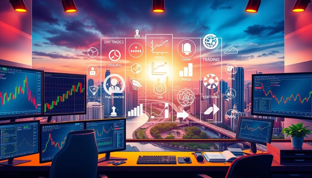 An illustration of "Modalidades de Trading" showcasing various trading strategies and approaches. A vibrant, dynamic composition with a focus on diverse financial instruments and analysis tools. The foreground features a trader's desk with multiple screens displaying candlestick charts, technical indicators, and market data. In the middle ground, a holographic projection shows different trading styles, such as day trading, swing trading, and position trading, represented by distinct icons and visualizations. The background depicts a cityscape with skyscrapers and a flowing river, symbolizing the global financial landscape. The lighting is warm and inviting, creating a sense of productive activity and informed decision-making. The overall atmosphere conveys a comprehensive understanding of the diverse trading modalities.