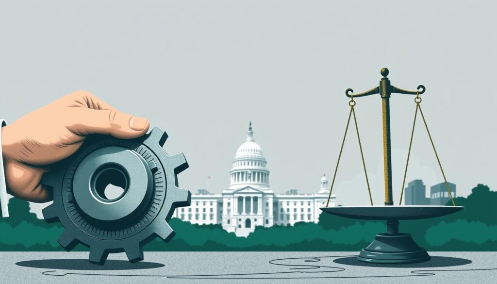 Detailed illustration of government spending control measures. Foreground depicts a hand tightening a gear, symbolizing fiscal restraint. Middleground shows a balance scale, scales tipping to indicate budgetary balance. Background features a cityscape with government buildings, conveying the macro-economic impact. Muted color palette of greys, blues, and greens, creating a serious, authoritative tone. Lighting is soft, directional, highlighting key elements. Camera angle is low, giving a sense of solidity and weight to the composition. Overall, a thoughtful, technical visualization of public spending containment policies.