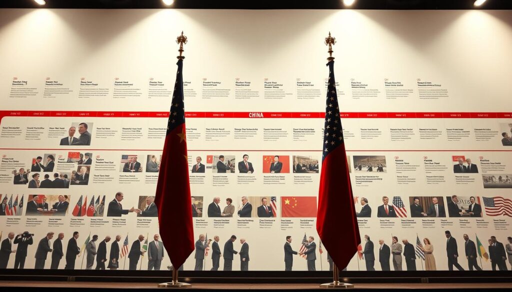 Diplomatic relations between China and the United States, captured in a striking historical illustration. In the foreground, two national flags stand tall, symbolizing the nations' intertwined yet complex relationship. The middle ground depicts a series of handshakes and negotiation scenes, reflecting the ebb and flow of negotiations over the decades. In the background, a timeline of key diplomatic events unfolds, from high-level summits to trade disputes, all framed by a sense of gravity and geopolitical significance. The lighting is somber yet authoritative, lending an air of gravitas to the scene. Captured with a wide-angle lens, the composition conveys the vast scale and enduring nature of this pivotal international dynamic.